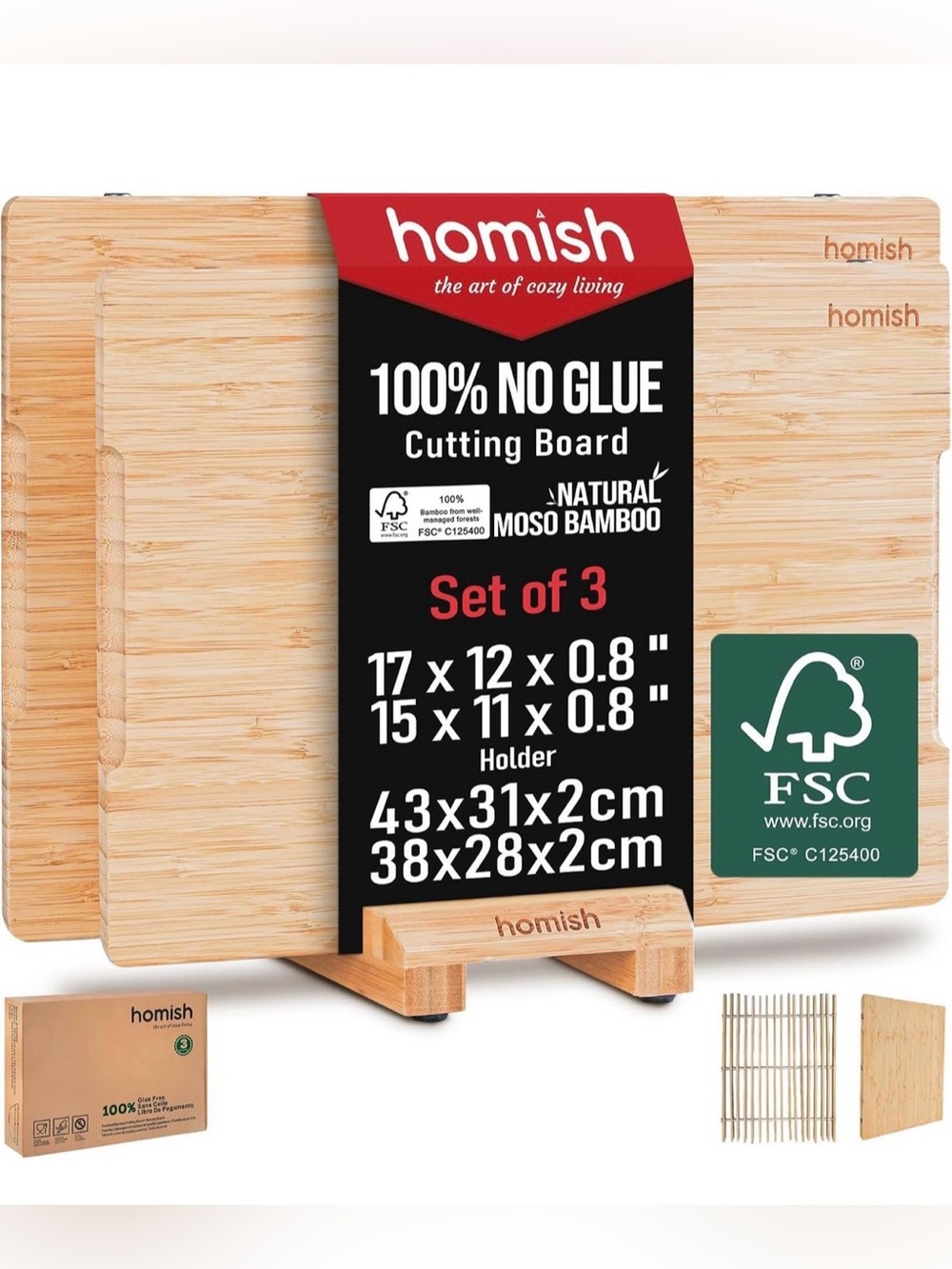 Natural Bamboo Cutting Board Set of 3 - Light Wood
